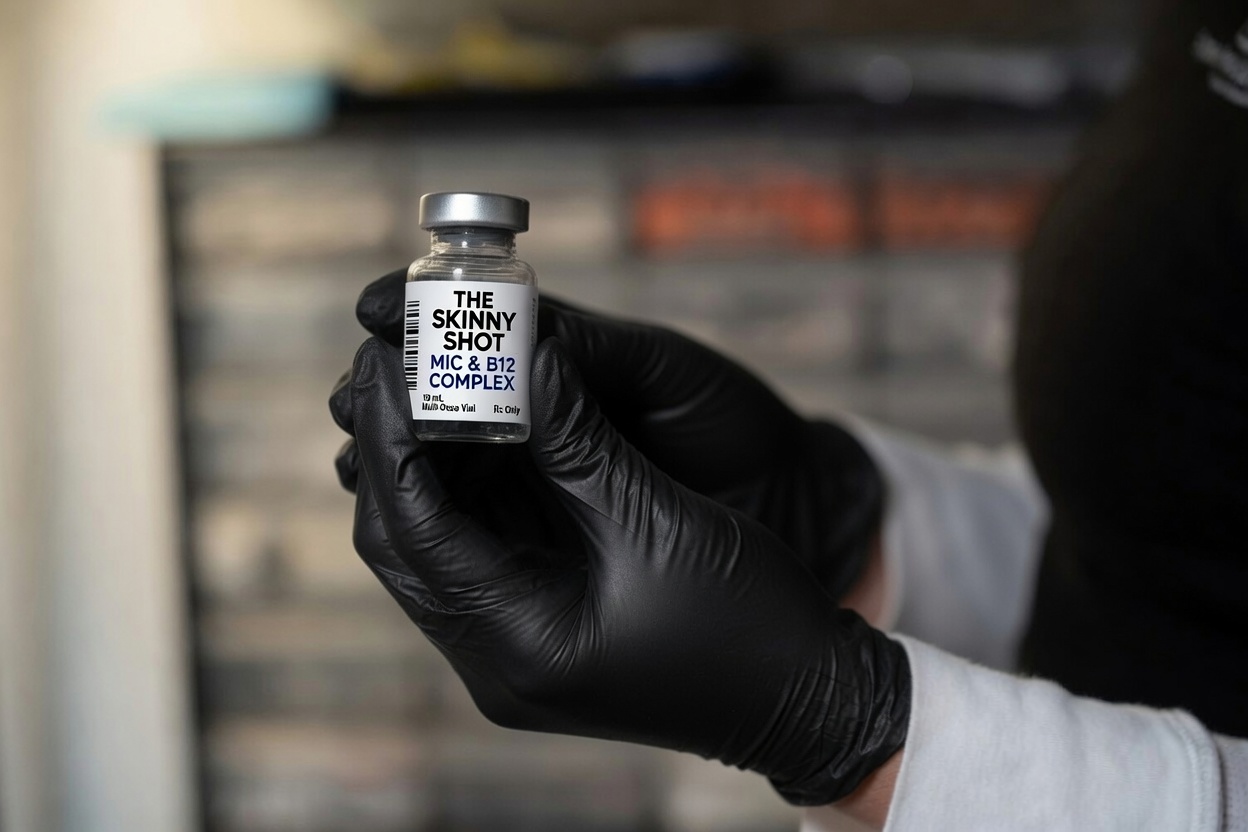 Black-gloved hand holding a small injection vial with a printed label